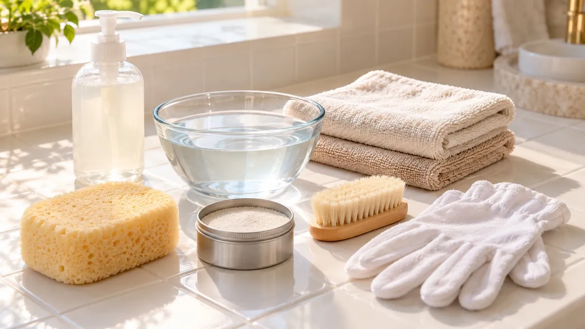 Mild soap, microfiber towels, sponge and a tin of powder on a white bathroom counter