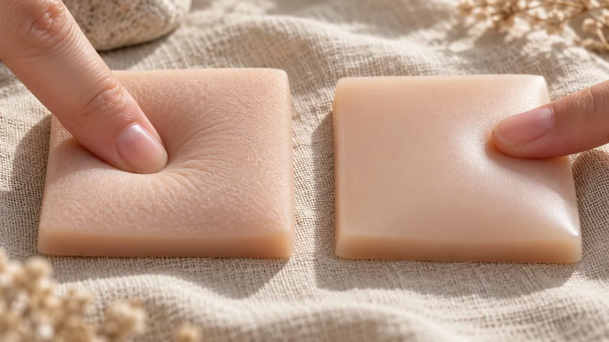 Fingertips pressing a soft TPE sample and a smoother silicone sample side by side
