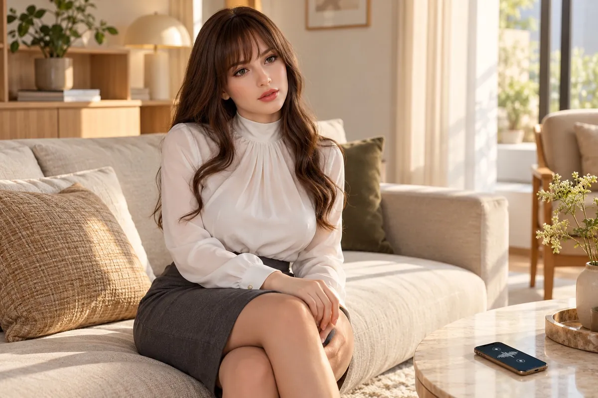 Life-size doll in a white blouse sitting on a sofa next to a phone showing an audio waveform