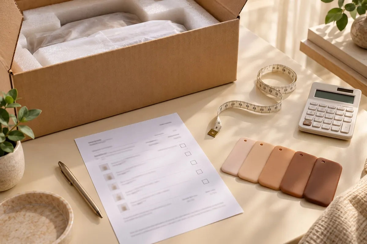 Open shipping carton, order sheet, tape measure and skin-tone samples on a desk