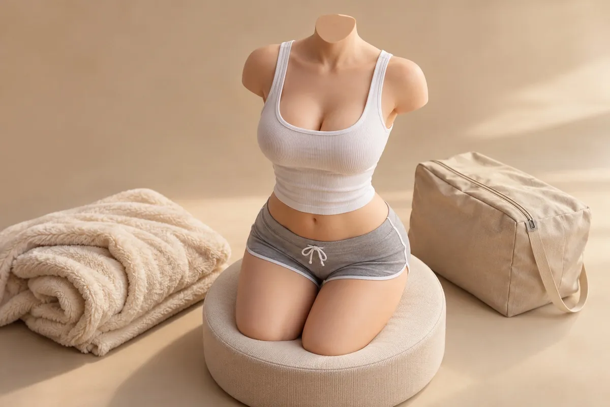 Headless TPE torso in a white tank top and grey shorts on a round padded stand